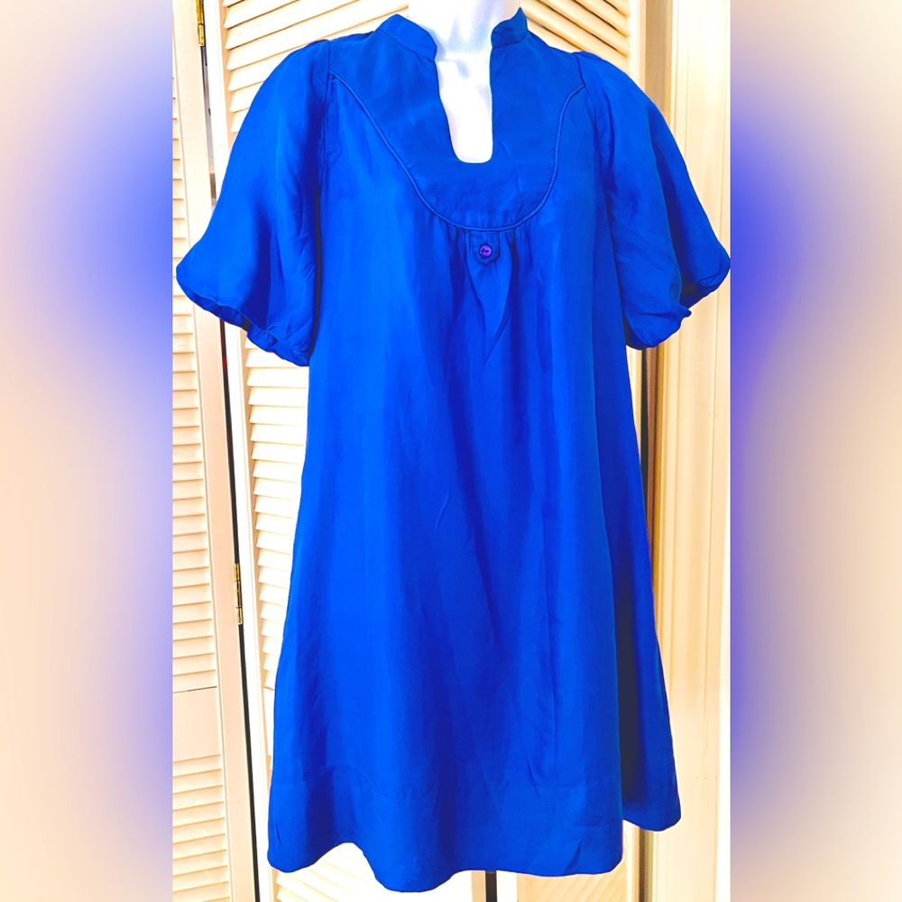 French Naf Naf Vibrant Ultra Blue 💯% washable Silk Dress size EU 36 lined EUC